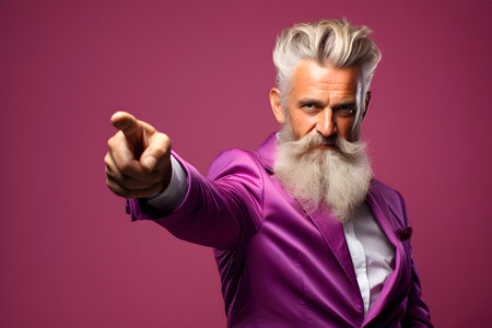 portrait of a fashionable man with a white beard pointing his hand forwardの素材