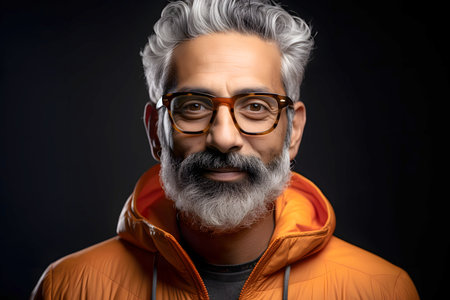 Portrait of a successful smiling bearded man in glasses on a dark backgroundの素材