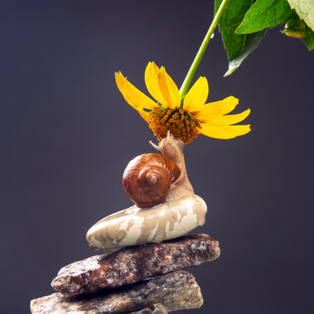 Helix pomatia. snail on a stone pyramid is drawn to the scent of a yellow flower. mollusc and invertebrate.の写真素材