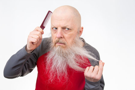 Bald elderly man with a long gray beard combs his scalp with a red comb, pulling beard hair, dressed...