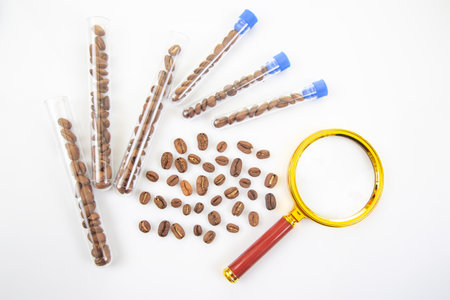 Coffee Bean Analysis Concept â Laboratory setup with roasted coffee beans in test tubes, a magnifying glass, and tweeters, representing quality control and researchの写真素材