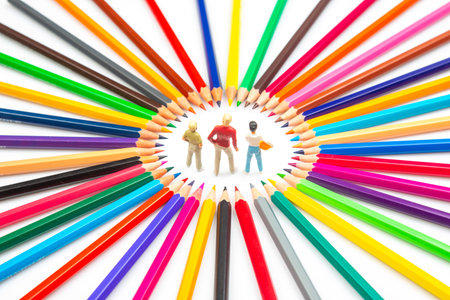 Three figurines are encircled by a spectrum of colored pencils, arranged in a starburst pattern, highlighting creativity and imagination on a white surfaceの写真素材