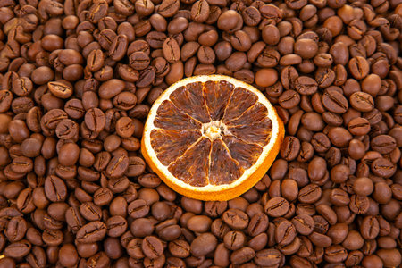 dehydrated orange slices and roasted coffee beans, merging citrus zest with the deep aroma of coffee. coffee aroma and taste descriptorsの写真素材