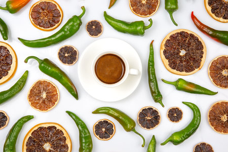 A white cup of cappuccino with foam, surrounded by dried orange slices and green chili peppers on a white background, creating a vibrant and spicy aesthetic.の写真素材