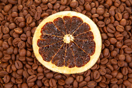 dehydrated orange slices and roasted coffee beans, merging citrus zest with the deep aroma of coffee. coffee aroma and taste descriptorsの写真素材