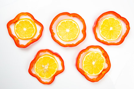 A creative top-down view of five lemon slices placed inside red bell pepper rings on a white background, showing vibrant colors and textures. Ideal for food artの写真素材