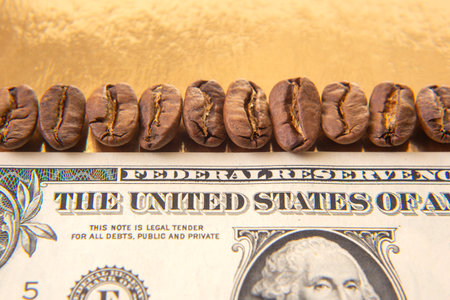 Close-up of roasted coffee beans on a US dollar bill, showcasing currency details and a portrait, with a blurred background. Perfect for finance and coffee themes.の写真素材