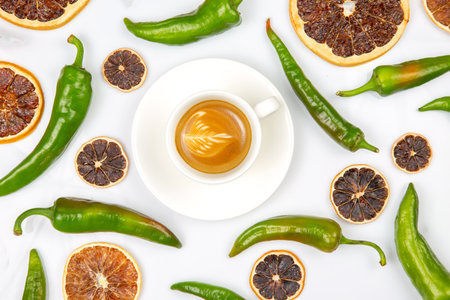 Top-down view of a frothy cappuccino in a white cup, encircled by dried citrus slices and green chili peppers, blending sweet and spicy elements on a white surfaceの写真素材