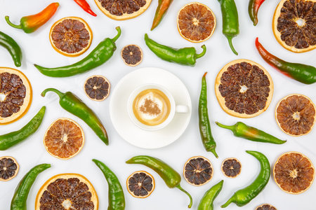 Cappuccino in a white cup centered among dried orange slices and green chili peppers, offering a bold contrast of flavors and colors on a minimalist white backgroundの写真素材