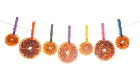 dried pieces of different citrus fruits hang on colored clothespinsの写真素材