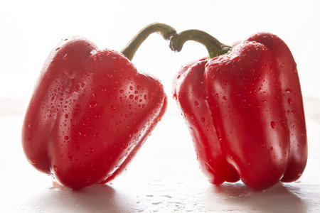 two red peppers in the water droplets on white background.の写真素材