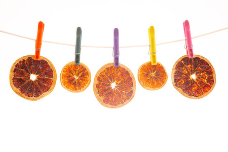 dried pieces of different citrus fruits hang on colored clothespinsの写真素材