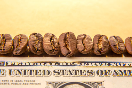 Close-up of coffee beans on a US dollar, showing intricate banknote design with a soft-focus portrait, perfect for economic and beverage themesの写真素材