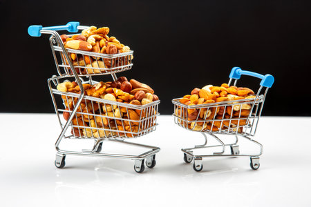 Various types of nuts in the grocery cart. Marketing sale of food products. Vitamin organic protein foodの写真素材