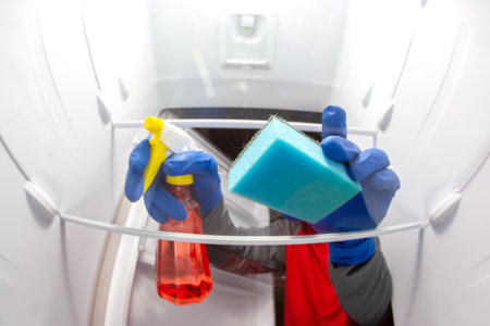 Hands wearing gloves hold a spray cleaner and sponge inside a refrigerator.の写真素材