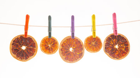 Brightly colored clothespins secure dried blood orange slices to a string, creating a vibrant display. The setup is against a light background, emphasizing the rich colors of the fruit.の写真素材
