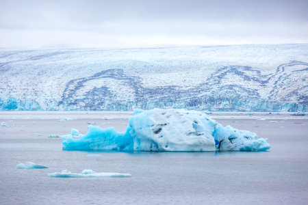 Blue icebergs drift gracefully in the calm waters of a glacier lagoon in Iceland, surrounded by...