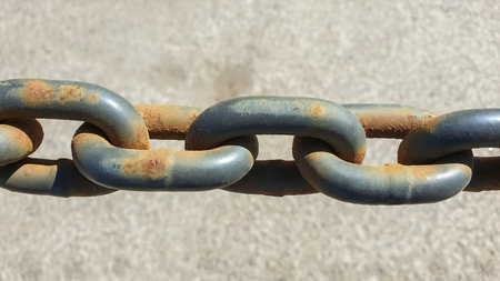 Close-up view of a rusty metal chain, showing the detail of worn links and varying colors from...