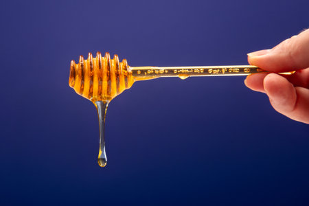 fresh fragrant honey drips from a spoon into a plate on a colored background. organic vitamin nutrition. dessert foodの写真素材