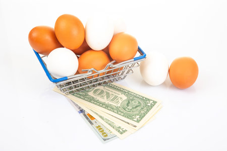 A wire shopping basket filled with white and brown eggs, placed beside rolled dollar bills and an egg, on a reflective white surface, symbolizing grocery costs.の写真素材
