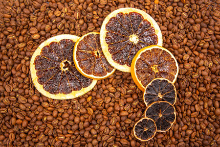 A vibrant close-up of dried orange slices nestled among roasted coffee beans, creating a warm, aromatic fusion of citrus and coffee textures. coffee aroma and taste descriptorsの写真素材