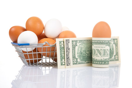 A metal shopping basket with eggs, paired with rolled dollar bills and an egg on a reflective white surface, blending grocery shopping and money concepts creativelyの写真素材