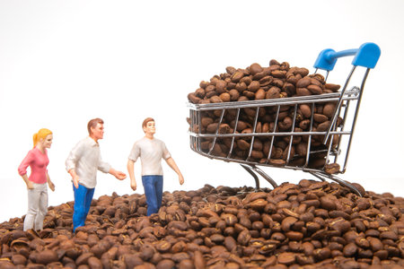 Unique image of tiny figures standing on coffee beans, a cart brimming with beans, representing collaboration in the coffee industry. coffee business conceptの写真素材