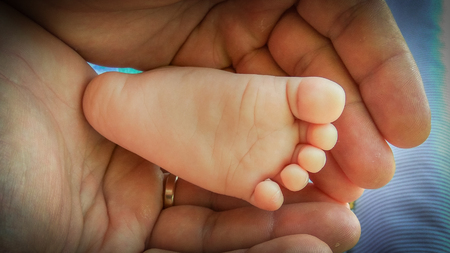 In the palm of the hand of the newborn child