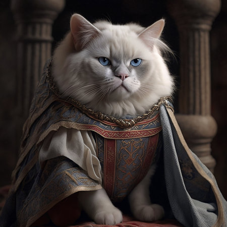 British kitten with the mantle of the king on a blue isolated backgroundの写真素材