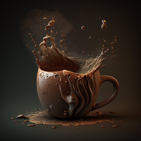 incredibly beautiful composition of hot coffee in beautiful cups, melted chocolate and a lot of splashesの写真素材