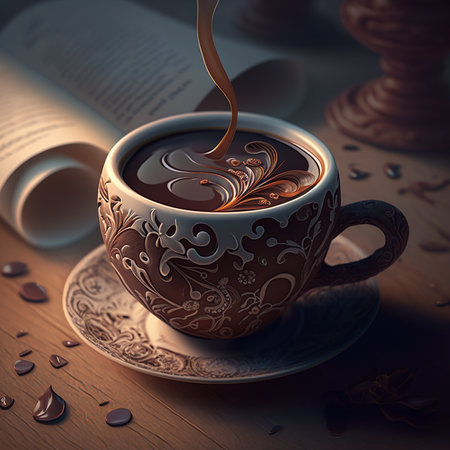 incredibly beautiful composition of hot coffee in beautiful cups, melted chocolate and a lot of splashesの写真素材