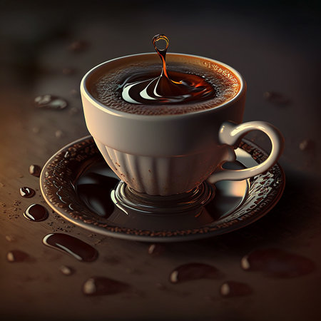 incredibly beautiful composition of hot coffee in beautiful cups, melted chocolate and a lot of splashesの写真素材