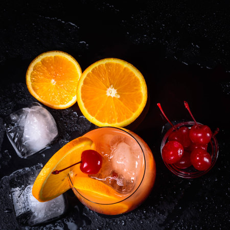 Tequila Sunrise cocktail, orange, ice cubes and maraschino cherries on a wet black slate tray. Top view with copy space.の写真素材