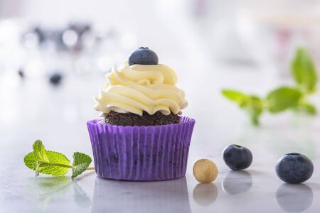 Cupcake with blueberry and hazelnut in purple paper on white natural marble surface.の写真素材