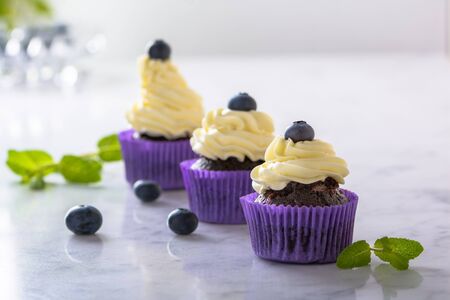 Three cupcakes with blueberry in purple wrap on white marble table.の写真素材