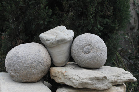 stones, composition, two round, flat, triangular, optic with nature, against a background of cypressの写真素材