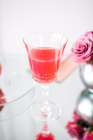 A glass of wine and rose petalsの写真素材