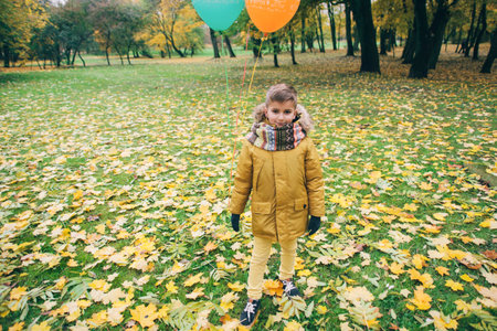 portrait of a boy in an autumn park with balloonsの写真素材