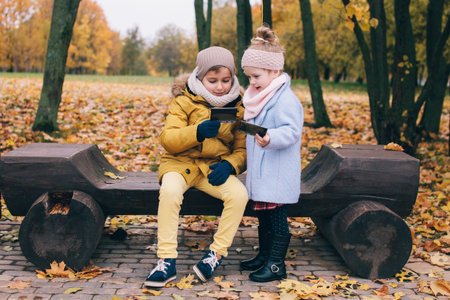 brother and sister sitting on a bench in an autumn park looking at a photoの写真素材