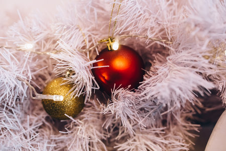 red christmas ball on tinselの写真素材