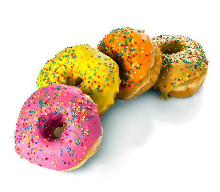 Set of multicolored donuts in a row on a white backgroundの写真素材