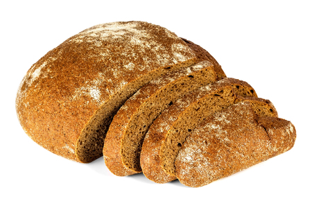 Brown bread on a white background sliced slicesの写真素材