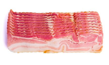 Thinly sliced bacon on bacon slices on white backgroundの写真素材
