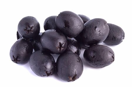 Slide black pitted black olives on white backgroundの写真素材
