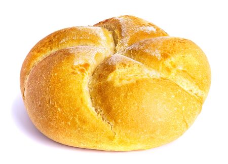 Tasty and attractive bun, sprinkled with powdered sugar, looks very appetizing on a white backgroundの写真素材