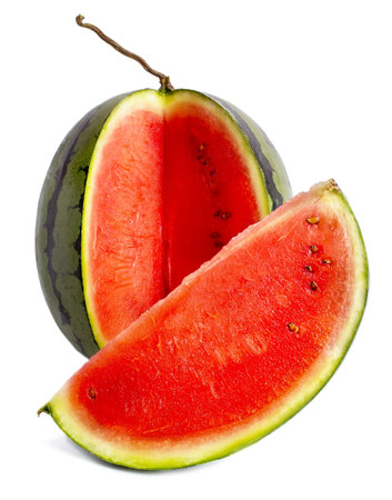 Cut ripe red watermelon on white backgroundの写真素材