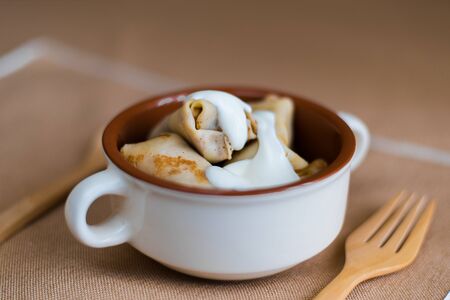 Russian blins with sour creamの写真素材