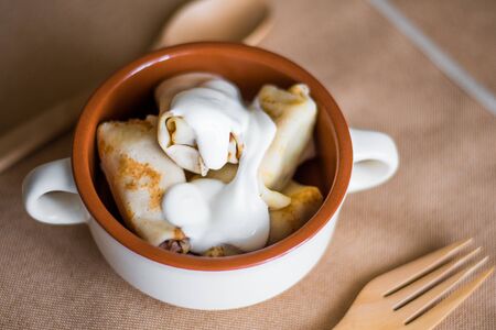 Russian blins with sour creamの写真素材