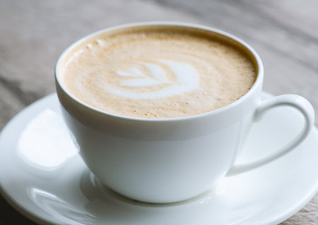 Cup of hot cappuccino coffee on table
