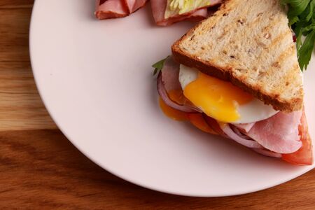 Sandwich with tomatoes and eggs in a white plate on a wooden background bio vegetables, rustic food, homemade foodの写真素材